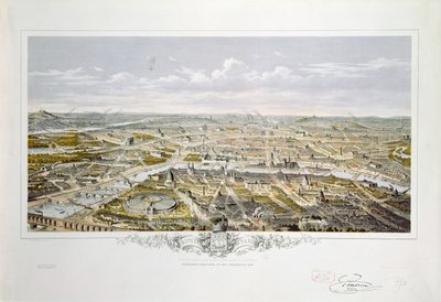 Blick auf Paris vom Bois de Boulogne, während der Weltausstellung 1867 (Farbstich) von Hilaire Guesnu